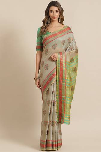 Serona fabrics women's jacquard cotton silk printed saree with blouse