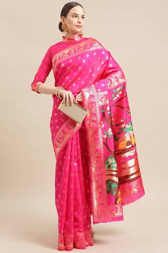 Serona fabrics women's banarasi silk jacquard zari weaving golden printed saree with blouse