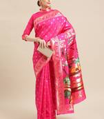 Serona fabrics women's banarasi silk jacquard zari weaving golden printed saree with blouse