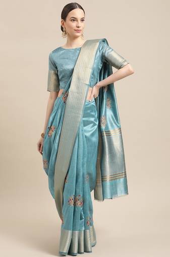 Serona fabrics women's soft cotton silk zari embroidery work saree with blouse