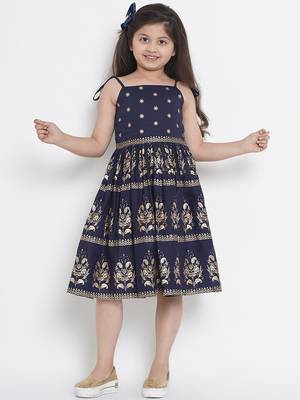 Blue Printed Cotton Fit & Flare Dress 1