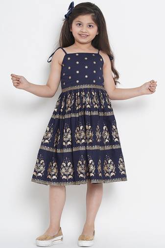 Blue Printed Cotton Fit & Flare Dress