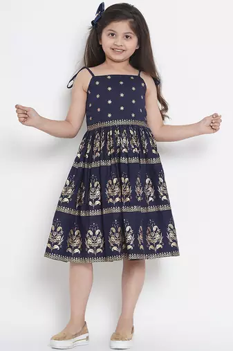 Blue Printed Cotton Fit & Flare Dress