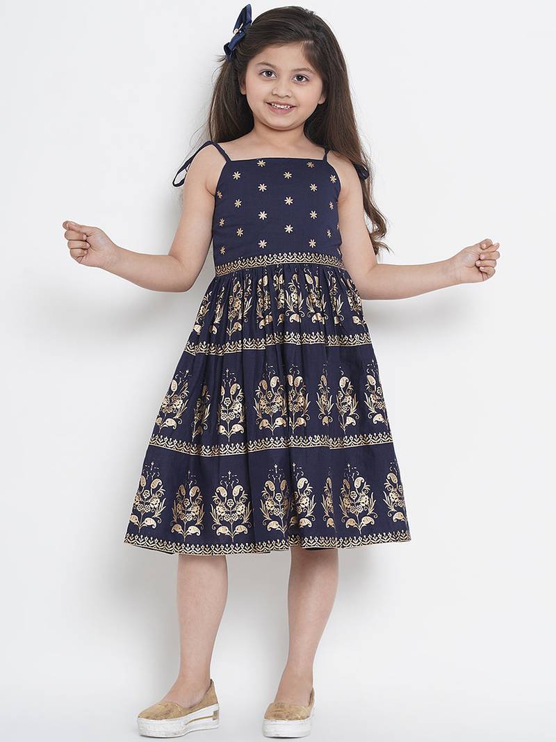 Blue Printed Cotton Fit & Flare Dress