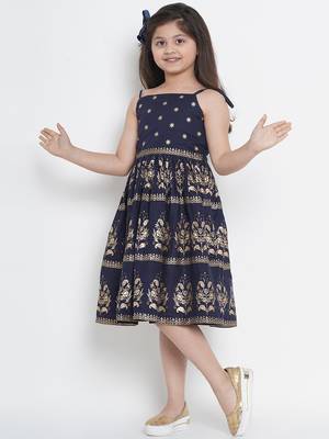 Blue Printed Cotton Fit & Flare Dress 2