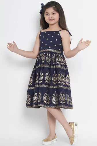 Blue Printed Cotton Fit & Flare Dress