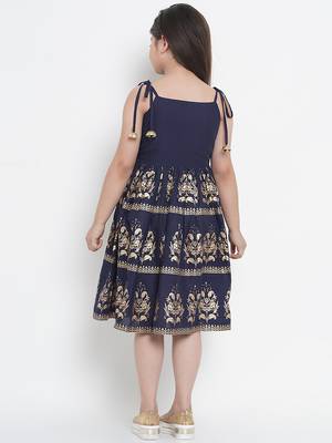 Blue Printed Cotton Fit & Flare Dress 3