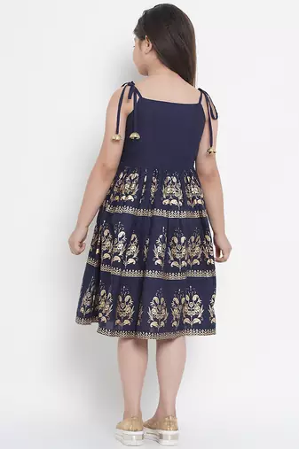 Blue Printed Cotton Fit & Flare Dress