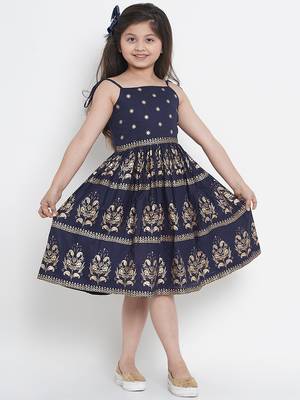 Blue Printed Cotton Fit & Flare Dress 5