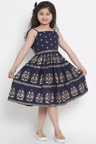 Blue Printed Cotton Fit & Flare Dress
