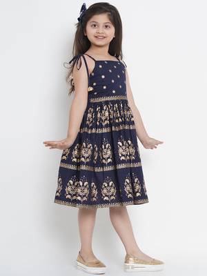 Blue Printed Cotton Fit & Flare Dress 6