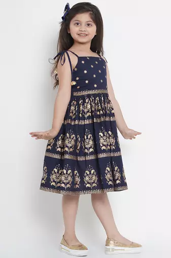 Blue Printed Cotton Fit & Flare Dress