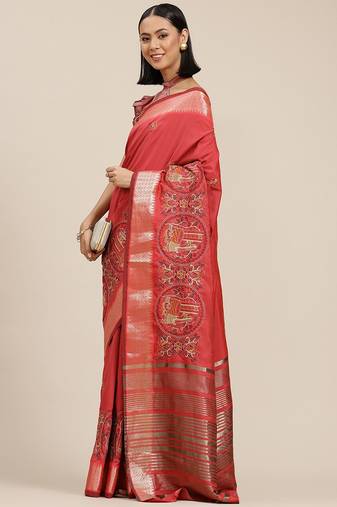 Serona fabrics soft cotton silk colourful thread embroidery work saree blouse