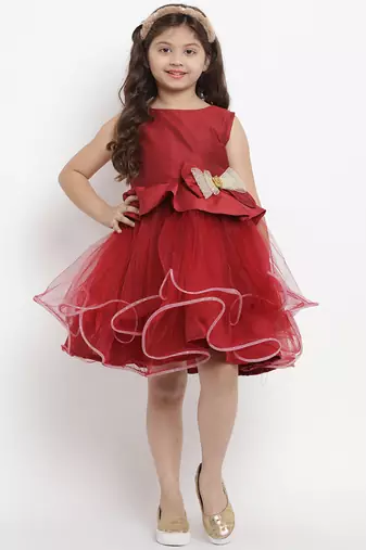 Maroon Solid Poly Silk Flared Dress