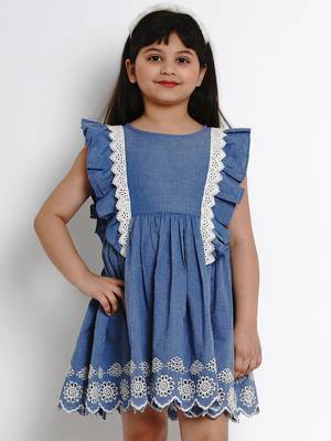 Blue Solid Cotton Fit And Flare Dress 1