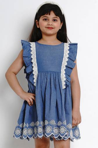 Blue Solid Cotton Fit And Flare Dress