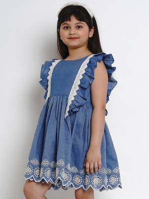Blue Solid Cotton Fit And Flare Dress 2