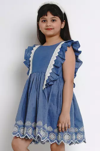 Blue Solid Cotton Fit And Flare Dress