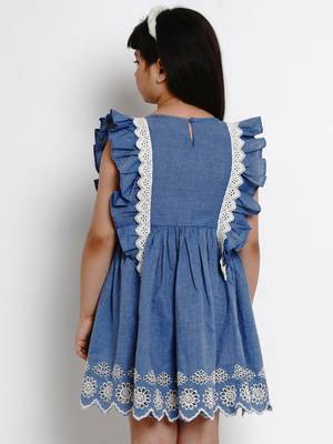 Blue Solid Cotton Fit And Flare Dress 3