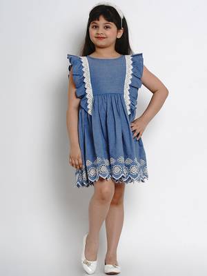 Blue Solid Cotton Fit And Flare Dress 5