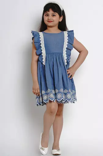 Blue Solid Cotton Fit And Flare Dress