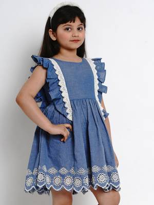 Blue Solid Cotton Fit And Flare Dress 6
