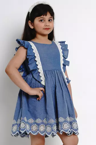 Blue Solid Cotton Fit And Flare Dress