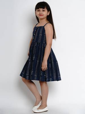Blue Printed Cotton Fit And Flare Dress 1