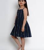 Blue Printed Cotton Fit And Flare Dress