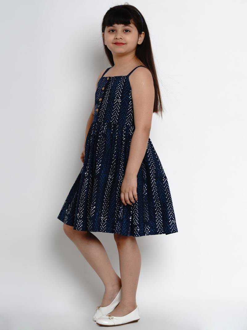 Blue Printed Cotton Fit And Flare Dress