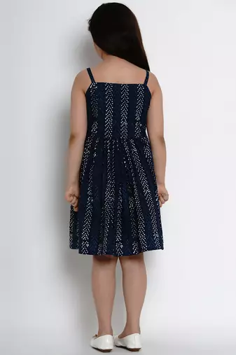 Blue Printed Cotton Fit And Flare Dress
