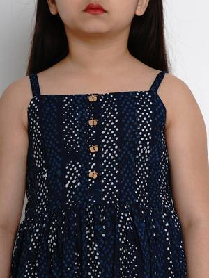 Blue Printed Cotton Fit And Flare Dress 3