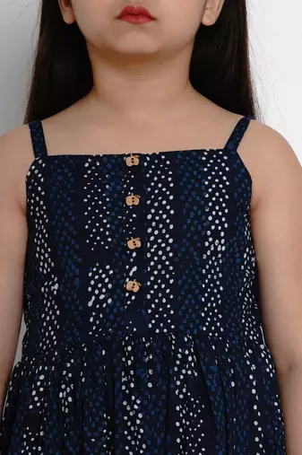 Blue Printed Cotton Fit And Flare Dress