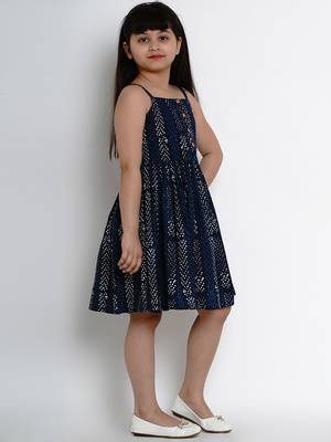 Blue Printed Cotton Fit And Flare Dress 4