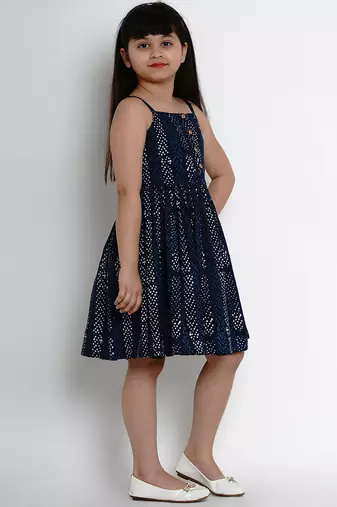 Blue Printed Cotton Fit And Flare Dress