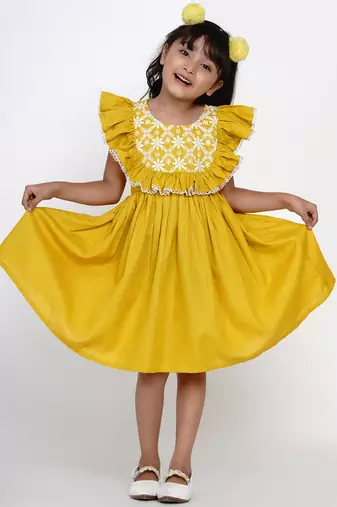 Yellow Embroidered Cotton Flared Dress