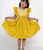 Yellow Embroidered Cotton Flared Dress