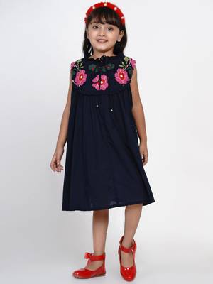 Blue Solid Cotton Fit And Flare Dress 1