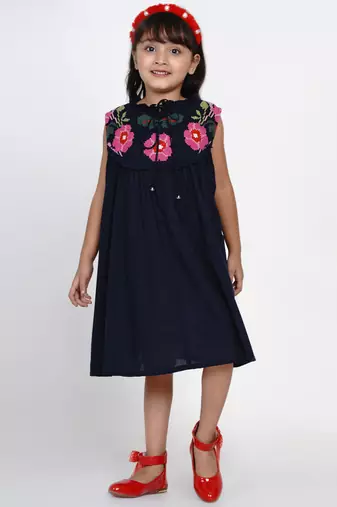 Blue Solid Cotton Fit And Flare Dress
