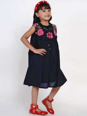 Blue Solid Cotton Fit And Flare Dress 2
