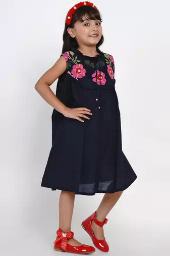 Blue Solid Cotton Fit And Flare Dress