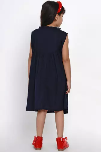 Blue Solid Cotton Fit And Flare Dress
