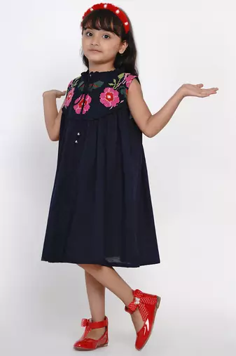 Blue Solid Cotton Fit And Flare Dress