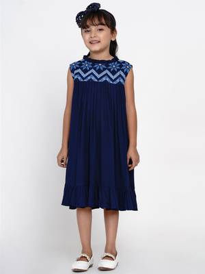 Blue Embroidered Cotton A-Line Dress 1