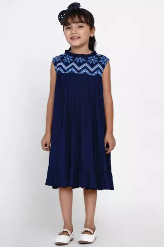 Blue Embroidered Cotton A-Line Dress