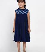 Blue Embroidered Cotton A-Line Dress