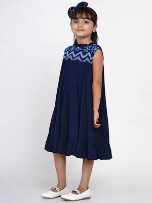 Blue Embroidered Cotton A-Line Dress 2