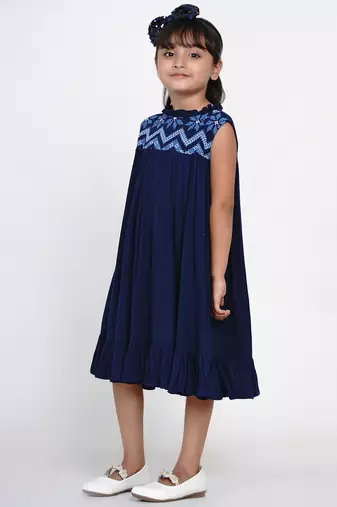 Blue Embroidered Cotton A-Line Dress