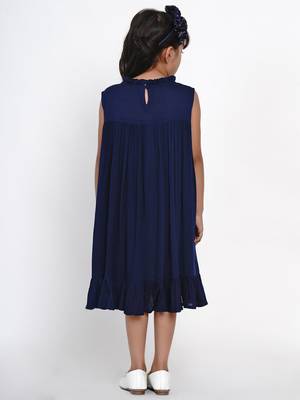 Blue Embroidered Cotton A-Line Dress 3