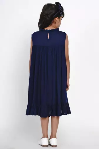 Blue Embroidered Cotton A-Line Dress